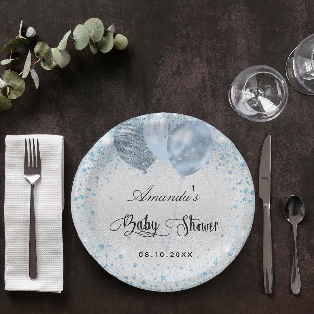 Assiettes En Carton Baby shower bleu garçon parties scintillant ballon (Créateur téléchargé)