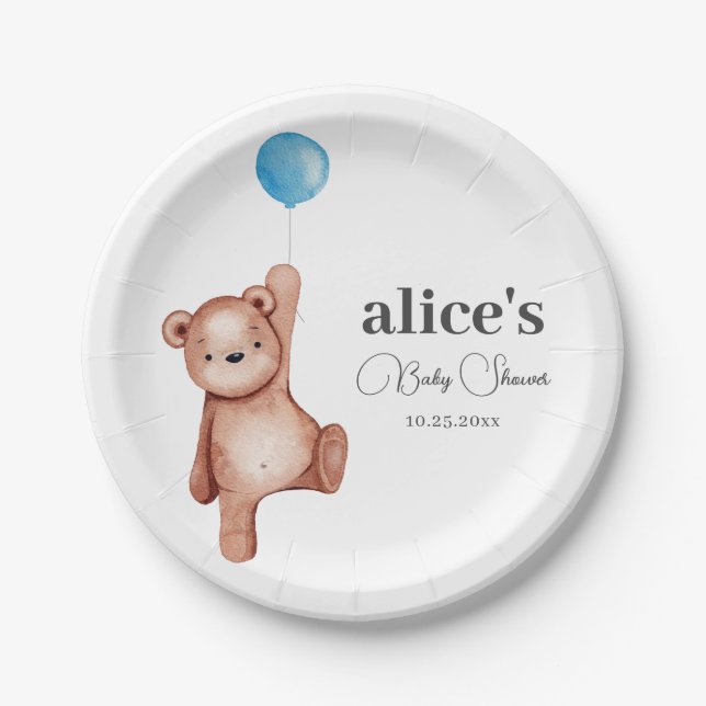 Assiettes En Carton Baby shower Bleu Teddy Bear (Devant)