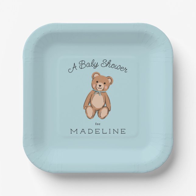 Assiettes En Carton Baby shower bleu Teddy Bear classique (Recto)