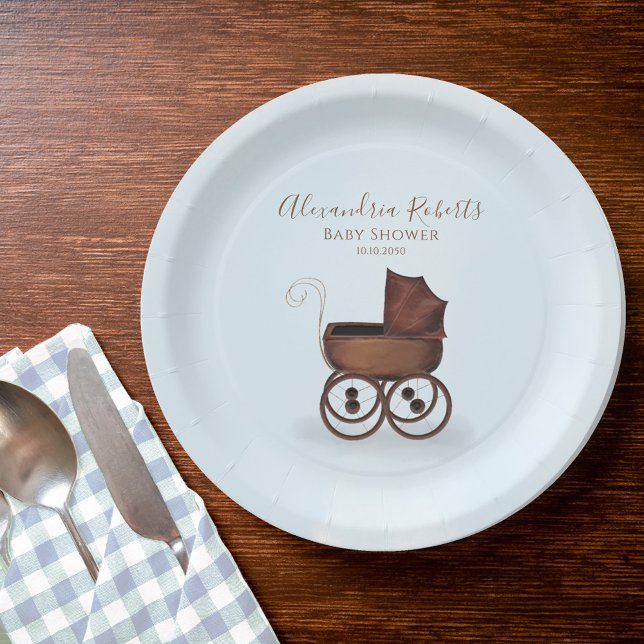Assiettes En Carton Baby shower bleu Vintage personnalisé (Boy Baby shower vintage carriage custom paper plate. )