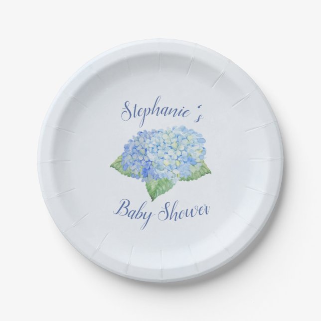 Assiettes En Carton Baby shower Blue Hydrangea Personnalisé (Devant)