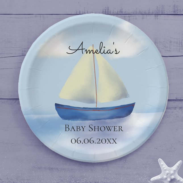 Assiettes En Carton Baby shower Blue Sailboat personnalisé (Créateur téléchargé)