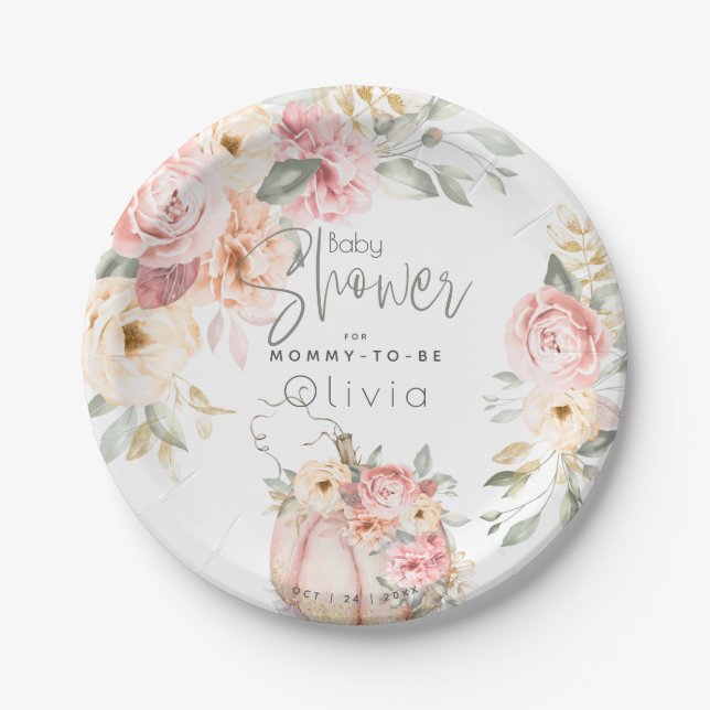 Assiettes En Carton Baby shower | Blush Coral Citrouille Peony Floral (Devant)