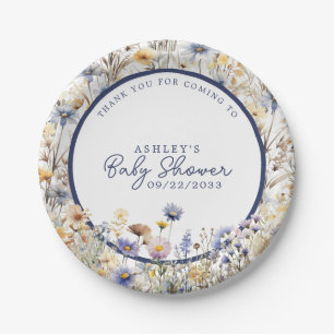 Assiettes En Carton Baby Shower Bohème Fleur Sauvage Bleue à l'Aquarel