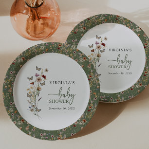 Assiettes En Carton Baby Shower Bohème Fleurs Sauvages Vertes