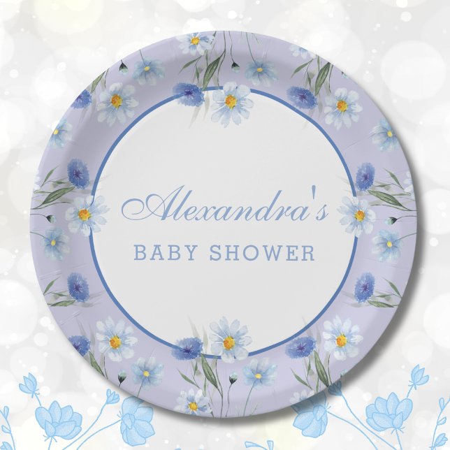 Assiettes En Carton Baby shower Boho Dusty Blue Fleur sauvage (Créateur téléchargé)
