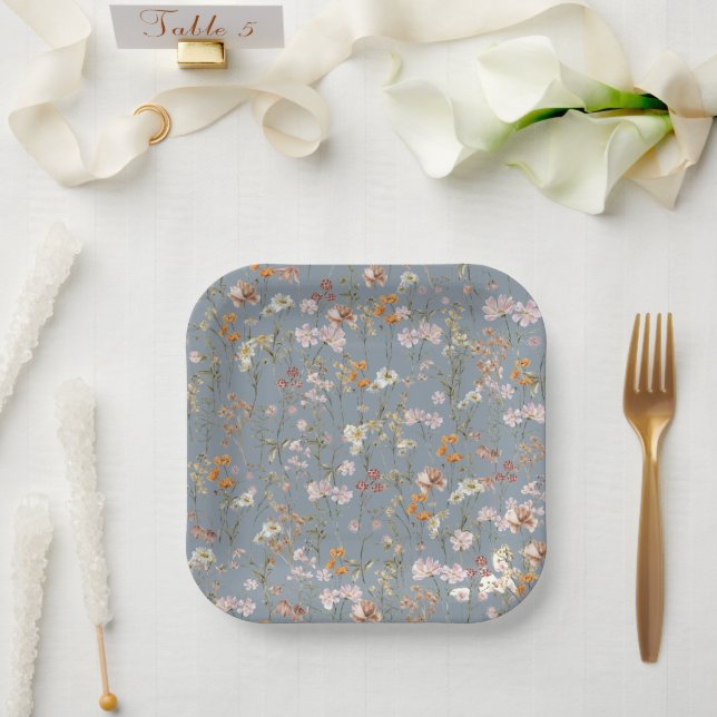 Assiettes En Carton Baby shower Boho Dusty Blue Fleur sauvage En Fleur (Mariage)