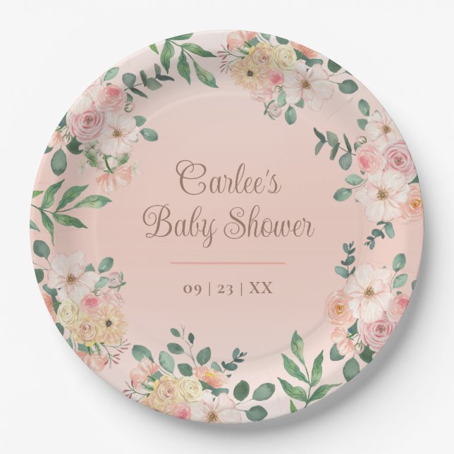 Assiettes En Carton Baby shower Boho rose pâle (Devant)