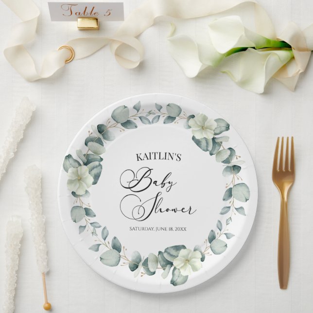 Assiettes En Carton Baby shower botanique Feuille Green Eucalyptus (Mariage)