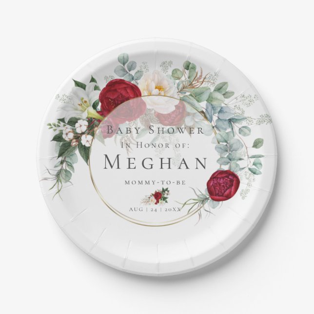 Assiettes En Carton Baby shower | Bouquet Red Peony vibrant (Devant)