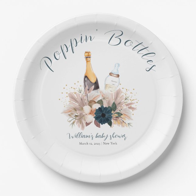 Assiettes En Carton Baby shower Bouteilles Champagne Poppin Blue Boho (Devant)