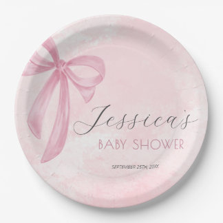 Assiettes En Carton Baby shower Bow rose Aquarelle rose