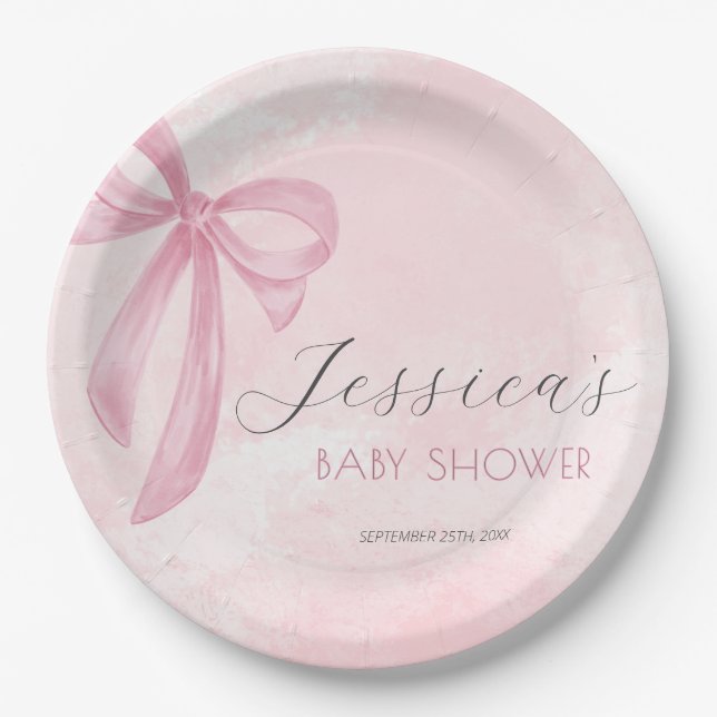 Assiettes En Carton Baby shower Bow rose Aquarelle rose (Devant)
