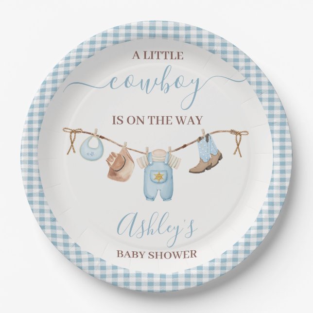 Assiettes En Carton Baby shower Brown Blue Cothesline Cowboy (Devant)