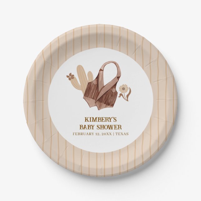 Assiettes En Carton Baby shower Cactus Cowgirl Beige Neutre (Devant)