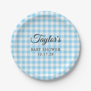 Assiettes En Carton Baby shower carreaux gingham bleu
