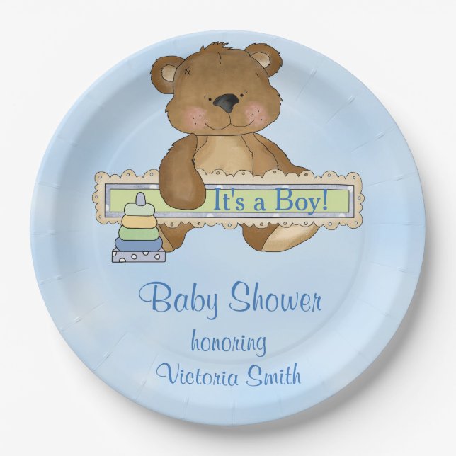 Assiettes En Carton Baby shower c'est un ours de nounours de garçon (Devant)