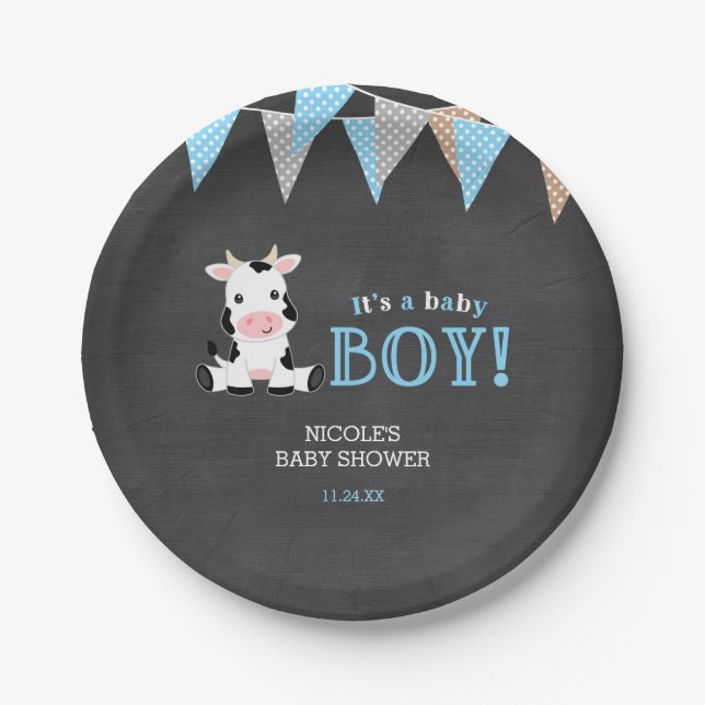 Assiettes En Carton Baby shower Chalkboard Cow Boy (Devant)