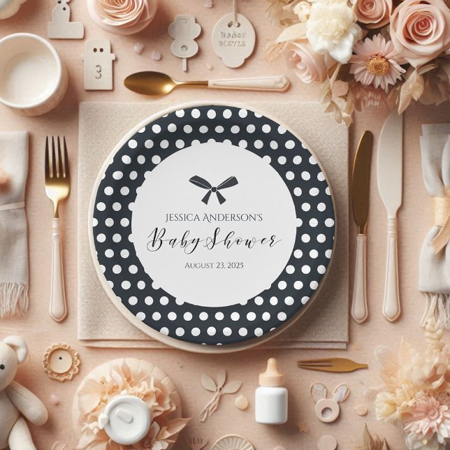 Assiettes En Carton Baby shower Charmant Polka Noir Pot Bow (Créateur téléchargé)