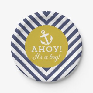 Assiettes En Carton Baby shower Chevron marin et d'or