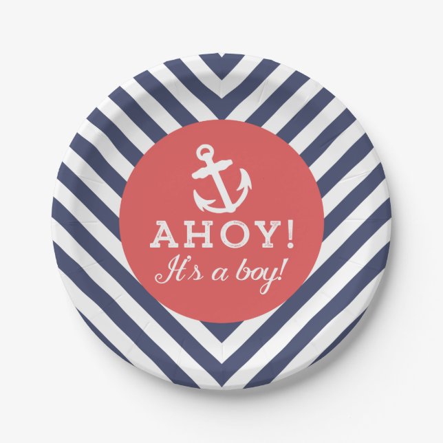 Assiettes En Carton Baby shower Chevron Marine et Red Nautical (Devant)