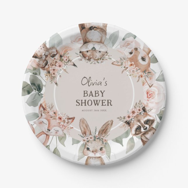 Assiettes En Carton Baby shower Chic Boho Woodland Animaux (Devant)