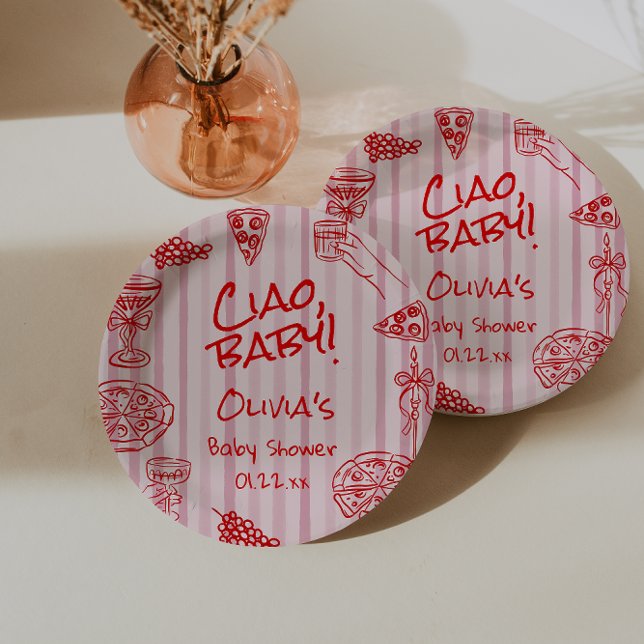 Assiettes En Carton Baby shower Ciao rouge rose Pizza tiré à la main (Créateur téléchargé)