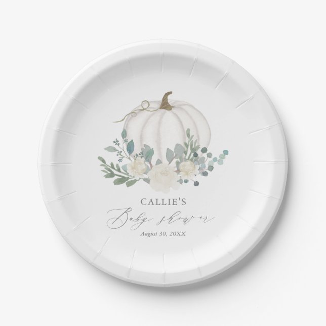 Assiettes En Carton Baby shower Citrouille Floral Greenery (Devant)