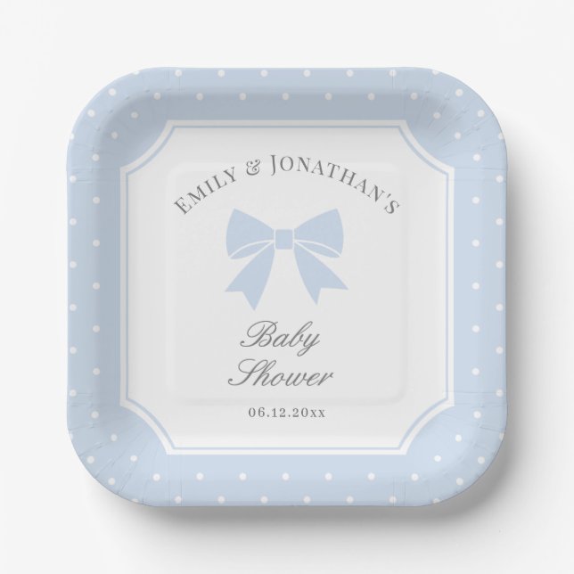 Assiettes En Carton Baby shower classique Pois Dusty Blue Bow Boy (Recto)