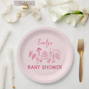 Assiettes En Carton Baby shower coquette moderne dessiné à la main ros