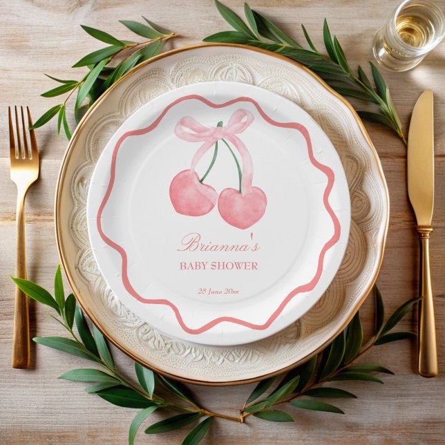 Assiettes En Carton Baby shower coquette rose cerise customisé (Cherry pink coquette baby shower customized paper plates monogrammed plates personalized tableware)