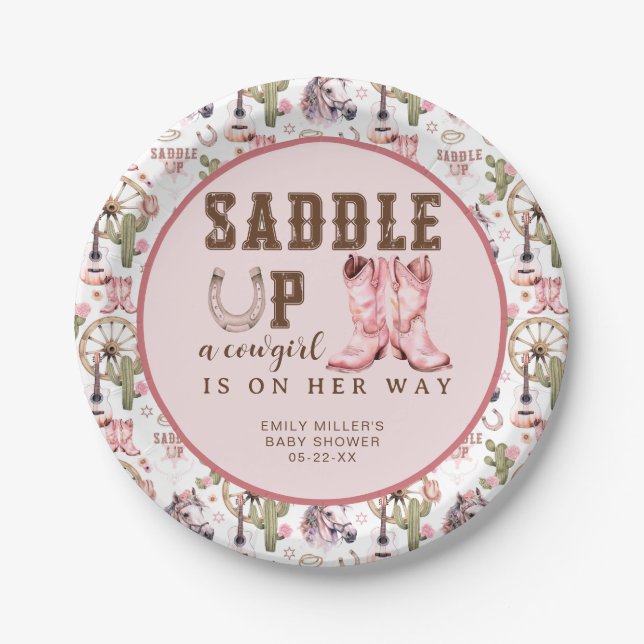 Assiettes En Carton Baby shower Cowgirl rose Saddup Party Plaque (Devant)