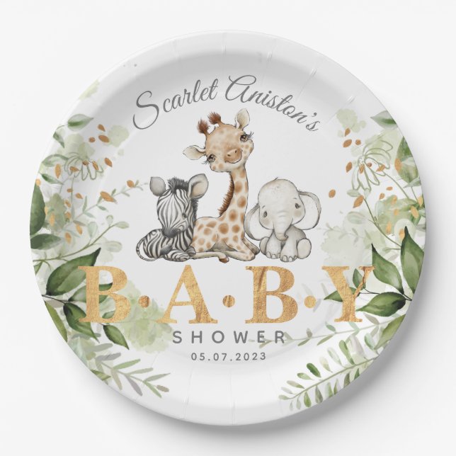 Assiettes En Carton Baby shower Cute Animaux africains Végétation (Devant)