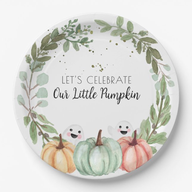 Assiettes En Carton Baby shower Cute halloween citrouille d'aquarelle (Devant)