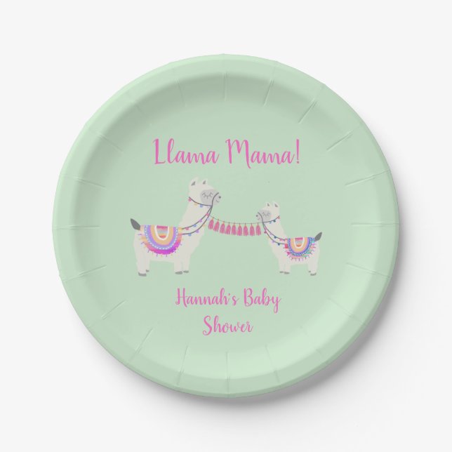 Assiettes En Carton baby shower Cute Llama Mama Hot Pink Mint Green (Devant)
