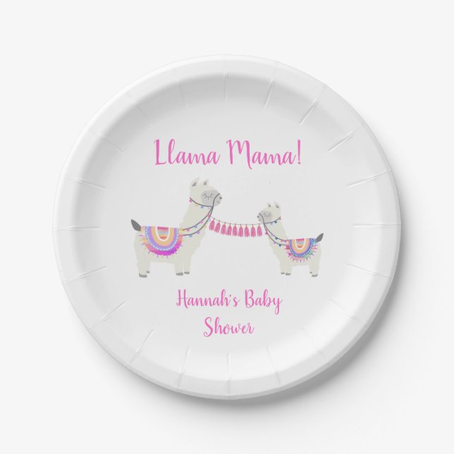 Assiettes En Carton baby shower Cute Llama Mama Hot rose et blanc (Devant)