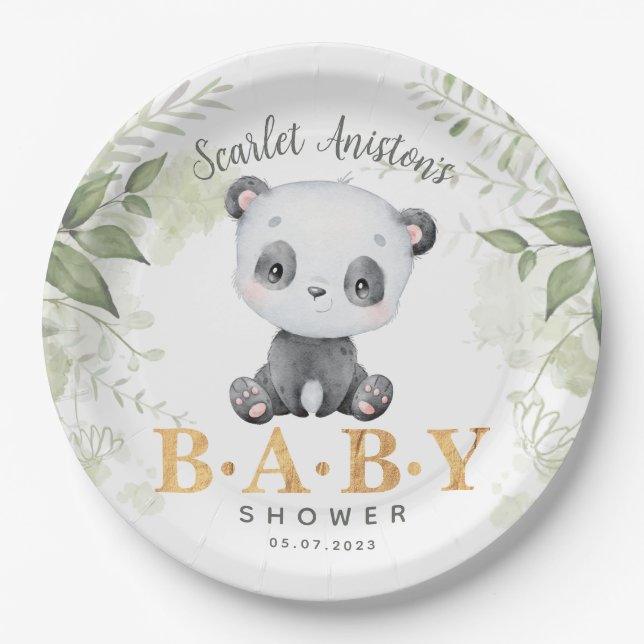 Assiettes En Carton Baby shower Cute Panda Eucalipt Verdure (Devant)