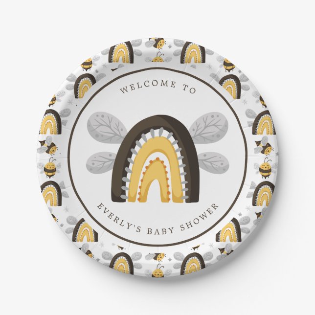 Assiettes En Carton Baby shower d'abeilles de l'arc-en-ciel (Devant)