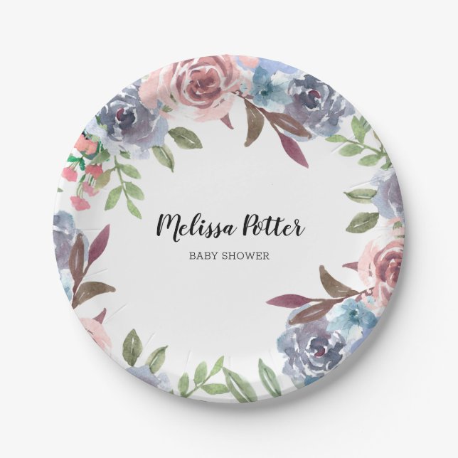 Assiettes En Carton Baby shower Dachshund Watercolor Flowers (Devant)