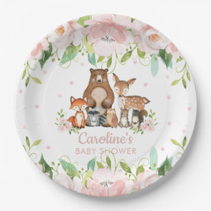 Assiettes En Carton Baby shower d'animaux boisés rose pâle