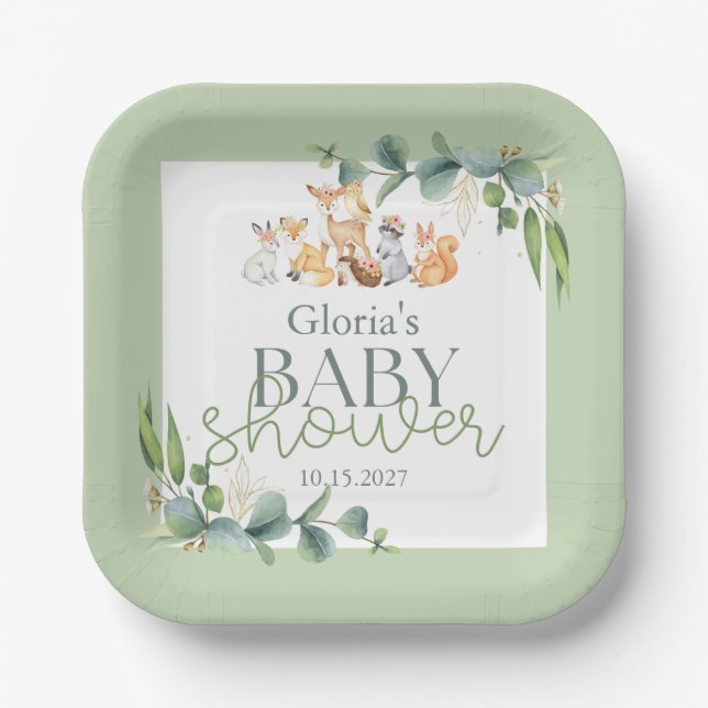 Assiettes En Carton Baby shower d'animaux de bois de verdure (Recto)