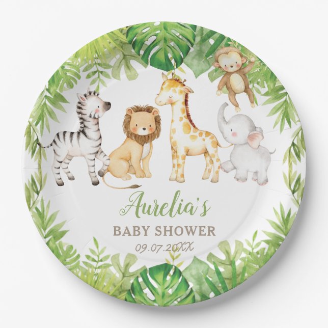 Assiettes En Carton Baby shower d'animaux de la forêt Safari Green (Devant)