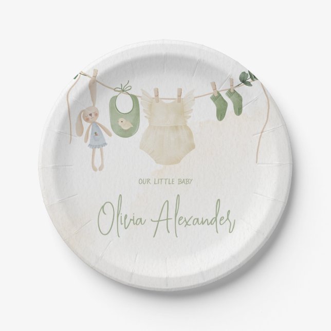 Assiettes En Carton Baby shower d'aquarelle blanc et beige (Devant)
