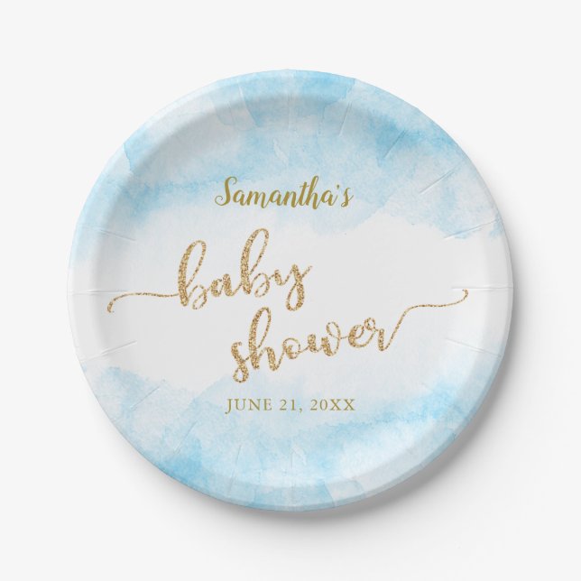 Assiettes En Carton Baby shower d'aquarelle bleu Boy Parties scintilla (Devant)