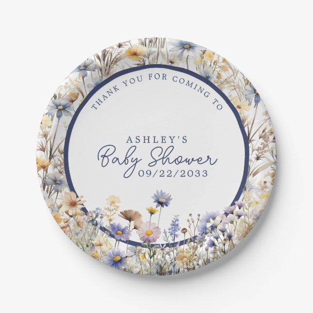 Assiettes En Carton Baby shower d'aquarelle Boho Fleur sauvage bleu (Devant)