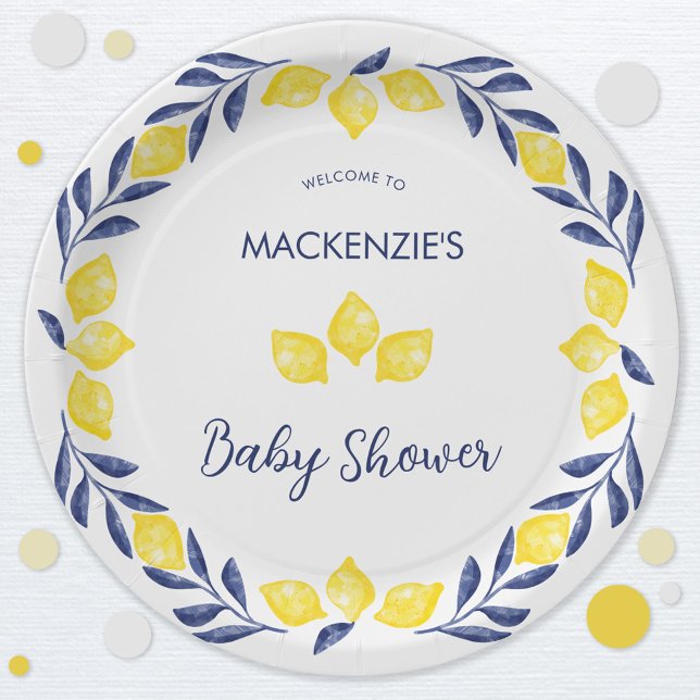 Assiettes En Carton Baby shower d'aquarelle citron personnalisé (Blue yellow and white citrus lemon Mediterranean themed baby shower paper plate)