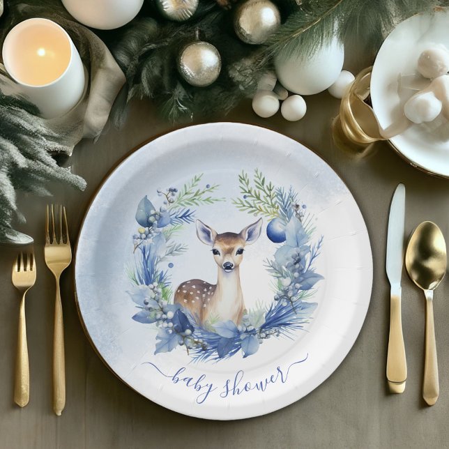 Assiettes En Carton Baby shower d'aquarelle de cerfs d'hiver (Winter Deer Watercolor Baby Shower Paper Plates)