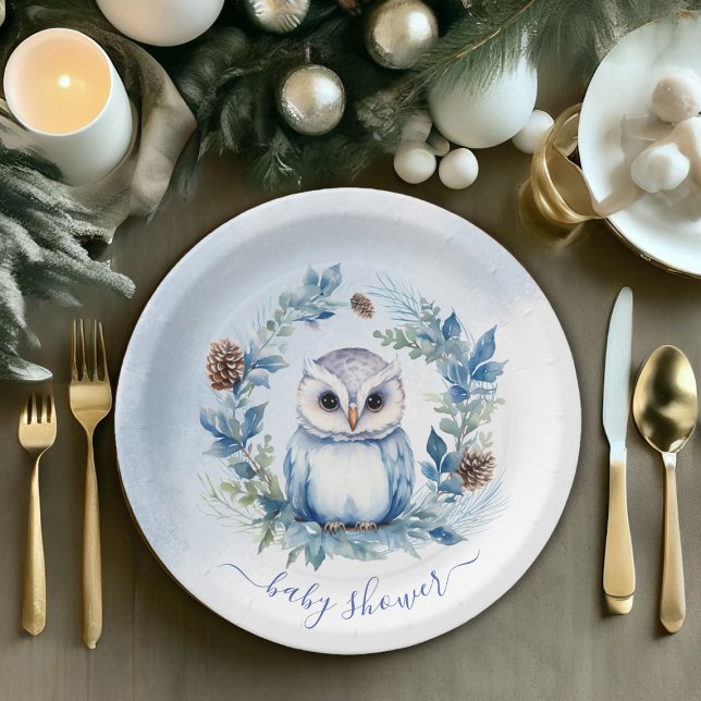 Assiettes En Carton Baby shower d'aquarelle de la Chouette d'hiver (Winter Owl Watercolor Baby Shower Paper Plates)