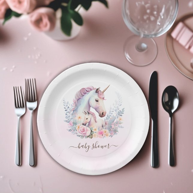 Assiettes En Carton Baby shower d'aquarelle de la licorne de printemps (Spring Unicorn Watercolor Baby Shower Paper Plates)