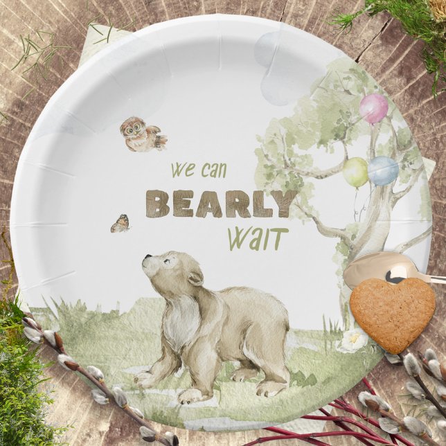 Assiettes En Carton Baby shower d'aquarelle de l'ours d'attente (Watercolor Woodland Bearly Wait Baby Shower Paper Plates ©Susanne Sachers - Sunny Mind Design 🌞)
